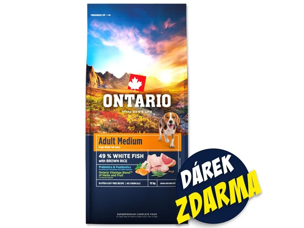Sleva Krmivo Ontario Adult Medium Fish 12 kg + Krmivo Ontario Adult Medium Fish & Brown Rice 2,25kg ZDARMA