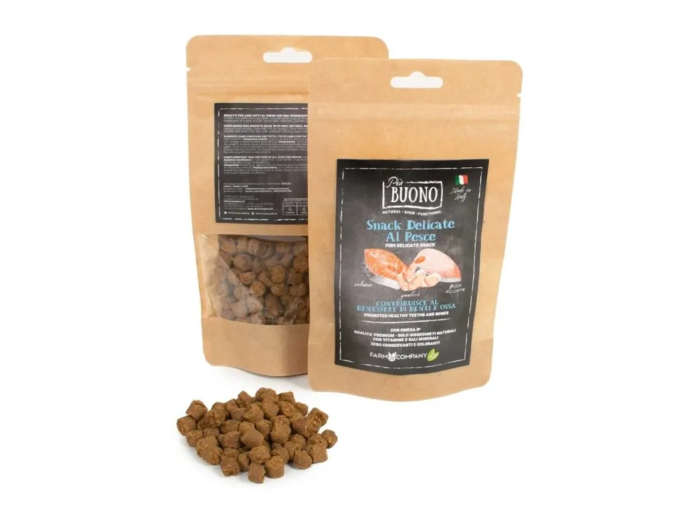 Farm Company PIU BUONO pamlsky pro psy s lososem, rybou a krevetami 80 g (zdravé zuby a kosti) Speciální Cena