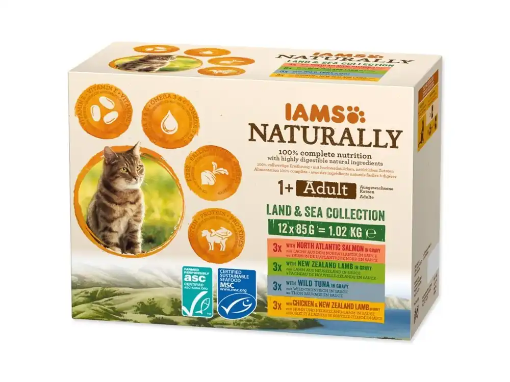 Kapsička IAMS Naturally Adult mořské a suchozemské maso v omáčce multipack 1020g (12x85g) Vysoce Kvalitní