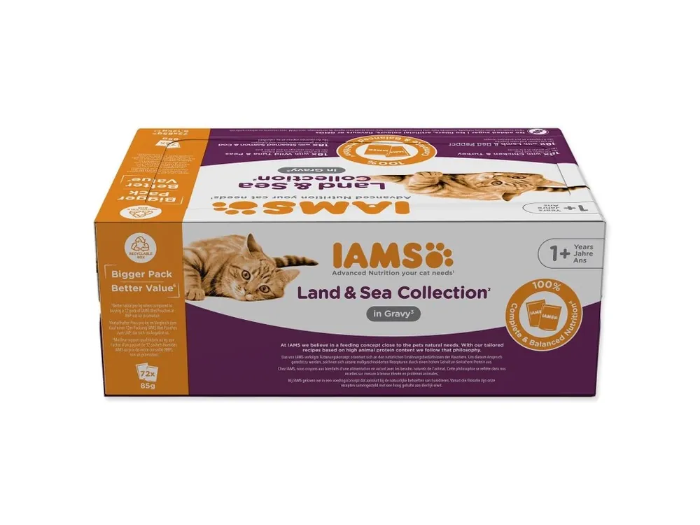 Cenová Bomba Kapsička IAMS Delights Adult mořské a suchozemské maso v omáčce multipack 6120 g (72x85 g)