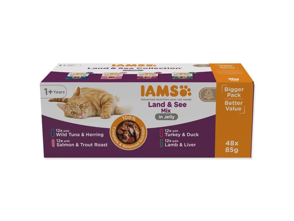 Kapsička IAMS Delights Adult mořské a suchozemské maso v želé multipack 4080 g (48x85 g) Cenová Bomba