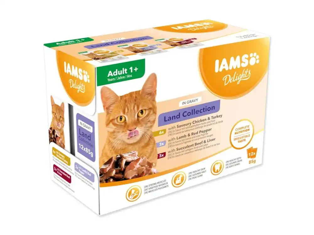 Novinka Kapsička IAMS Delights Adult suchozemské maso v omáčce multipack 1020 g (12x85 gr)