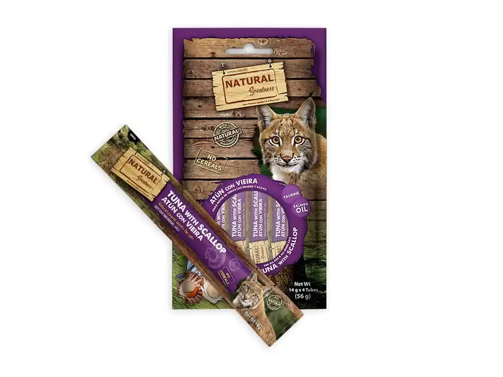 Levný Natural Greatness Creamy DHA BRAIN, funkční pamlsek - tuňák, hřebenatka, 4 x 14 g