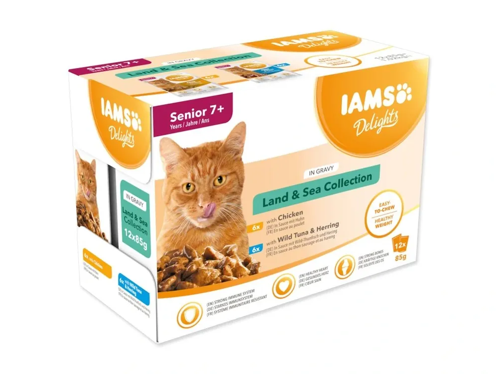 Kapsička IAMS Delights Senior mořské a suchozemské maso v omáčce 1020g (12x85g) Cenový Hit