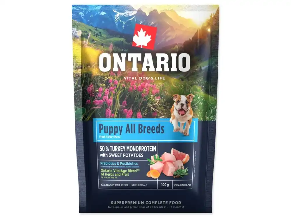 Bezpečná Platba Vzorek Ontario Puppy & Junior All Breeds Monoprotein Turkey & Sweet Potatoes 0,1 kg