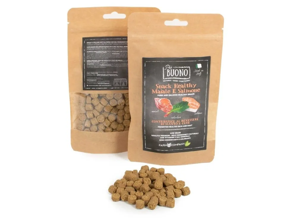 Farm Company PIU BUONO pamlsky pro psy s vepřovým a lososem 90 g (kůže a srst) Víkendová Akce