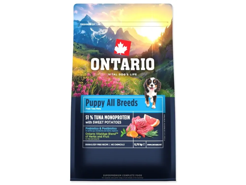 Odeslání Ihned Krmivo Ontario Puppy & Junior All Breeds Monoprotein Tuna & Sweet Potatoes 0,75 kg