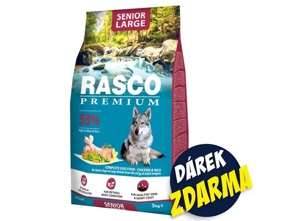 Přímo Od Výrobce Krmivo Rasco Premium Senior Large kuře s rýží 3 kg+Pochoutka Rasco Premium 80 g
