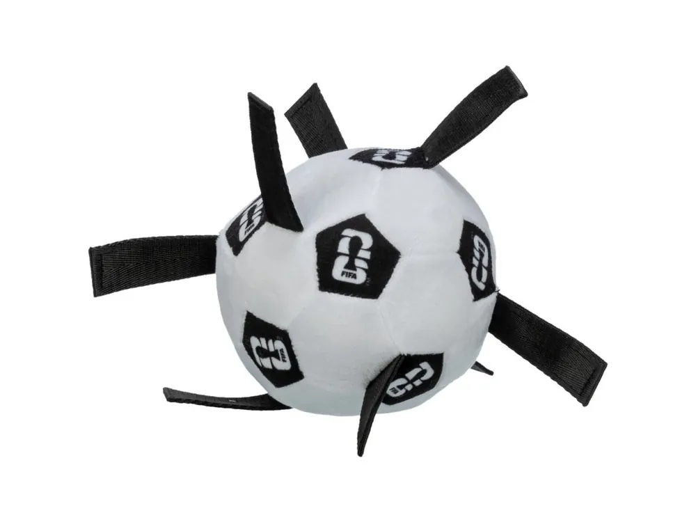 Zlevněný FIFA 2026 měkký aportovací míč s úchyty, 12 cm, bílá/černá - LIMITOVANÁ NABÍDKA