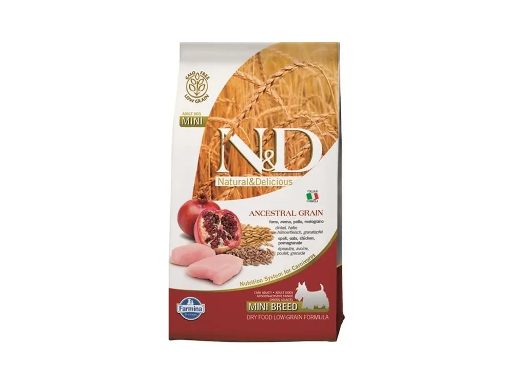 Ověřený N&D ANCESTRAL GRAIN Dog LG Chicken, Spelt, Oats & Pomegranate Adult Mini 800 g