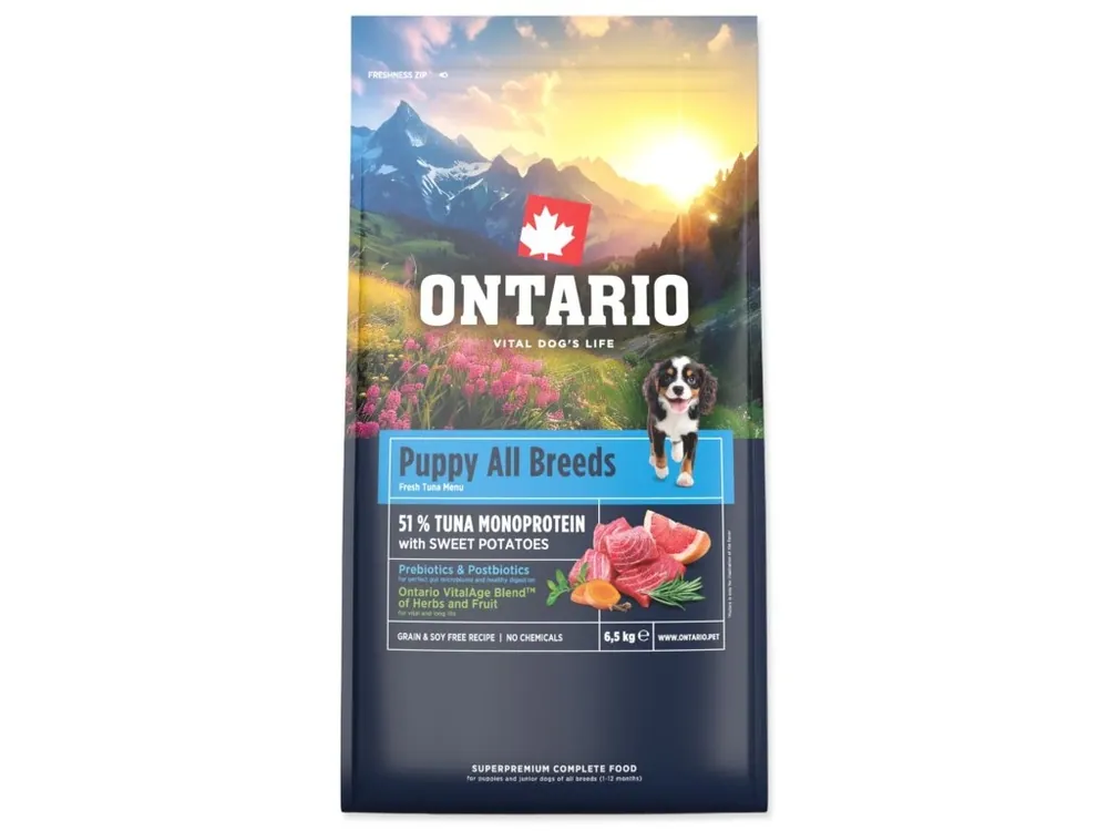 Odeslání Ihned Krmivo Ontario Puppy & Junior All Breeds Monoprotein Tuna & Sweet Potatoes 6,5kg