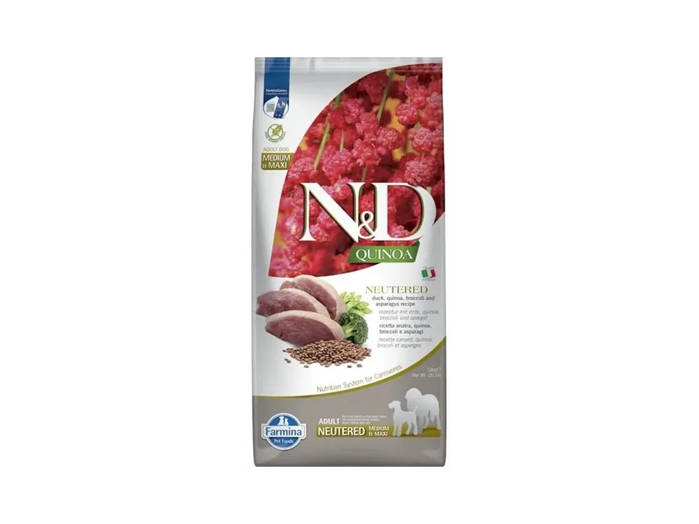 N&D QUINOA Dog GF Duck, Broccoli & Asparagus Neutered Adult Medium & Maxi 12 kg Expresní Doručení