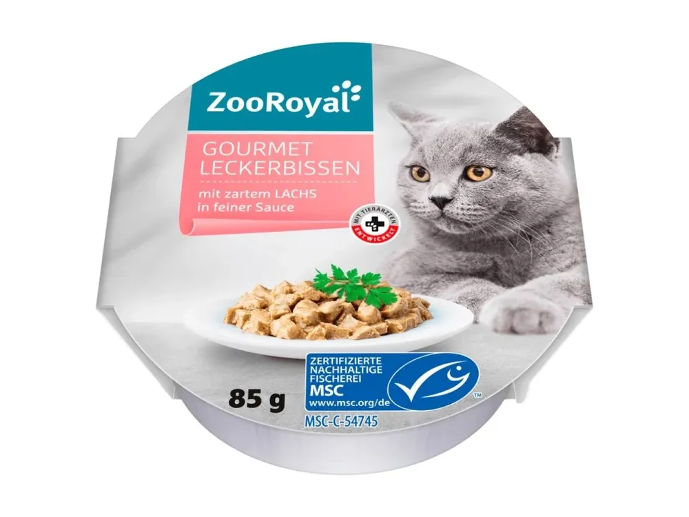 Cenově Výhodný ZooRoyal Gourmet miska kousky šťavnatého masa z lososa v jemné omáčce, 85 g
