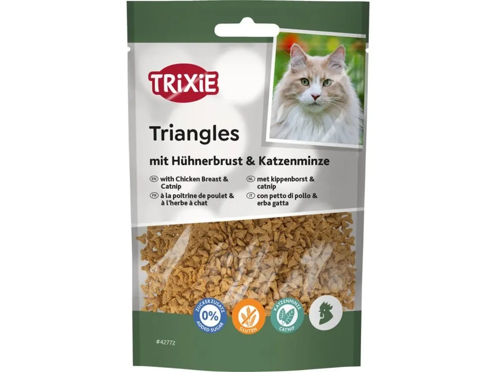 Cenový Hit Triangles, trojúhelníčky s kuřecími prsíčky a catnipem, obsah masa 56 %, 50 g