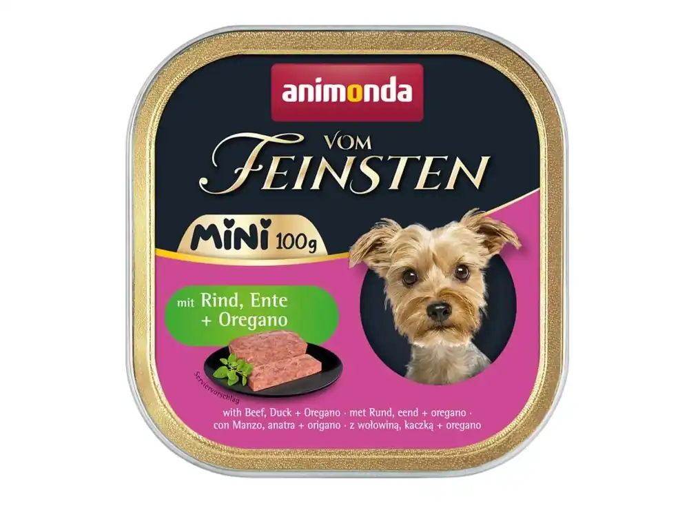 Výhodná Nabídka ANIMONDA paštika Vom Feinsten MINI - hovězí, kachna, oregáno pro psy 100 g