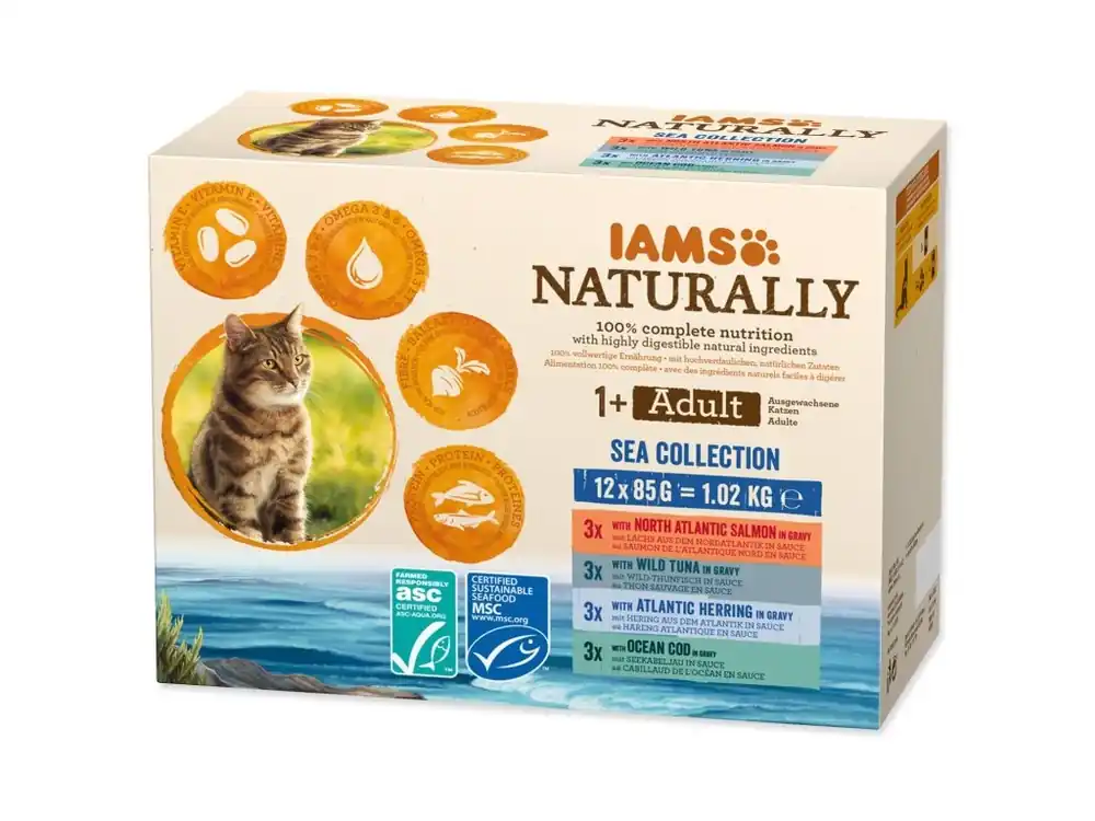 Akční Nabídka Kapsička IAMS Naturally Adult mořské maso v omáčce multipack 1020g (12x85g)