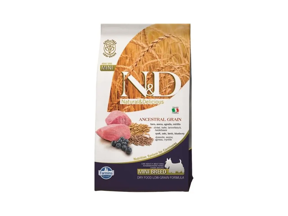 Speciální Cena N&D ANCESTRAL GRAIN Dog LG Lamb, Spelt, Oats & Blueberry Adult Mini 800 g