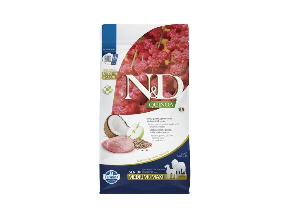 Výhodná Nabídka N&D QUINOA Dog GF Senior Lamb, Green Apple and Coconut Medium & Maxi 2 kg