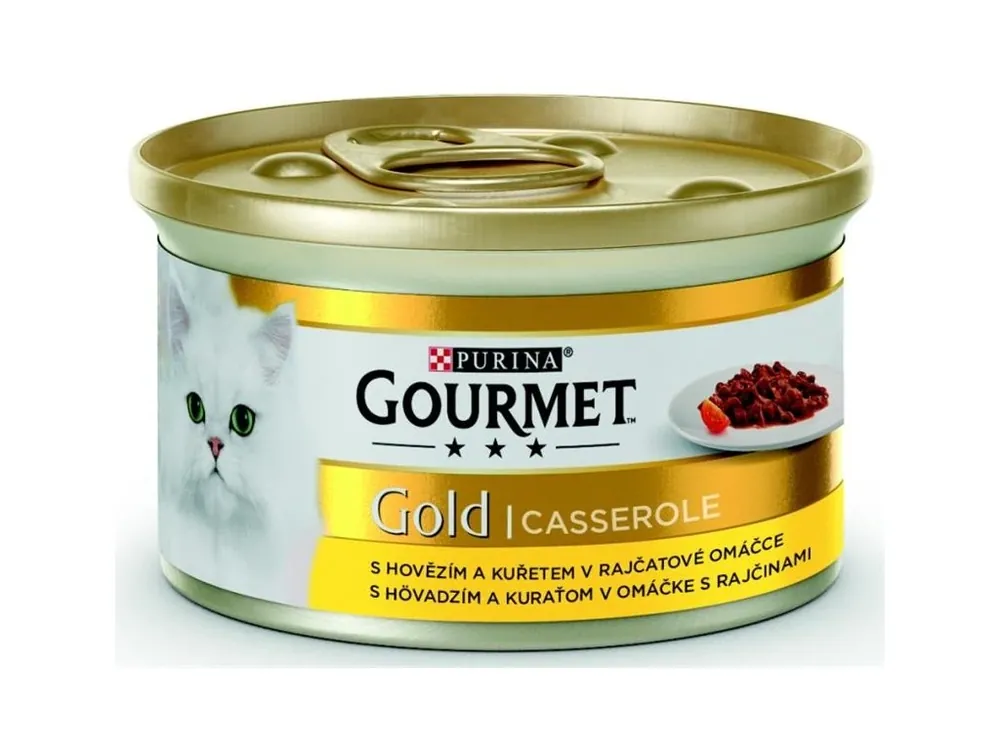 Horká Nabídka Gourmet Gold Cat konzerva kousky hovězí a kuře v rajčatové omáčce 85 g