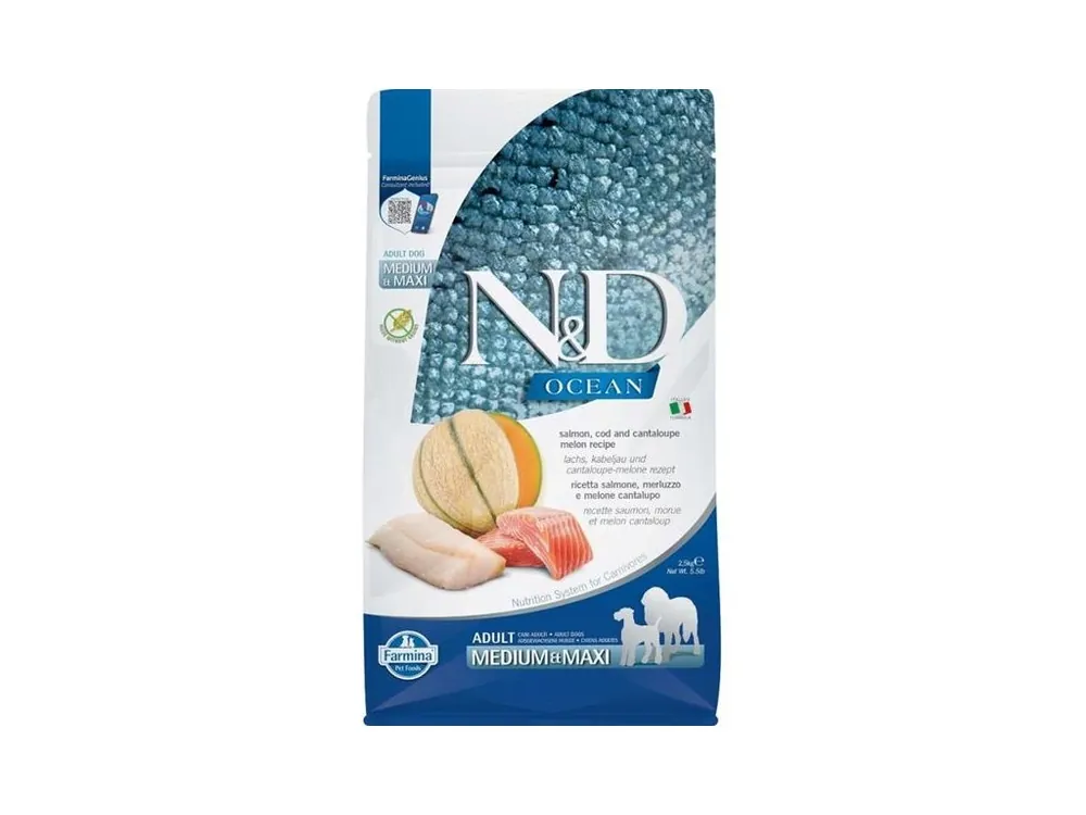 N&D OCEAN Dog GF Salmon, Cod & Cantaloupe Melon Adult Medium & Maxi 2,5 kg Hit Sezóny