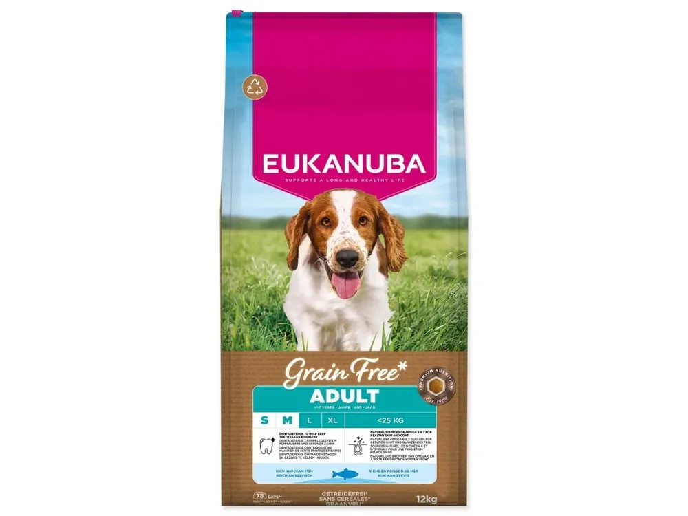 Časově Omezené Krmivo EUKANUBA Grain Free Adult Small & Medium rich in ocean fish 12 kg