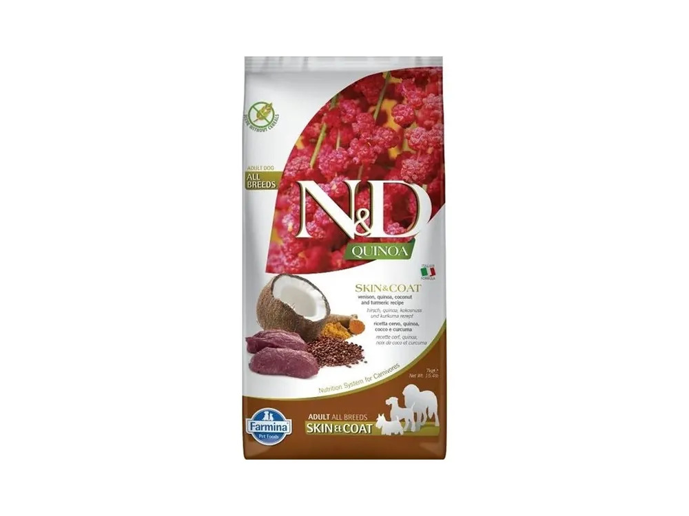 Originální N&D QUINOA Dog GF Skin & Coat, Venison & Coconut Adult Medium & Maxi 7 kg