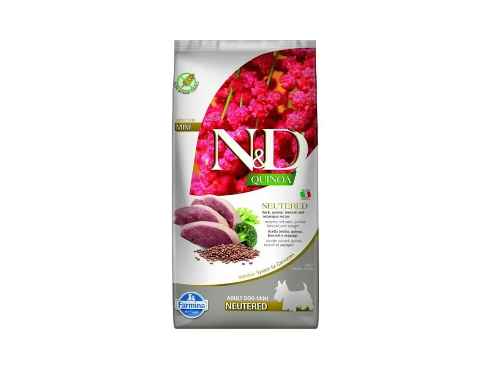 Cenový Hit N&D QUINOA Dog GF Duck, Broccoli & Asparagus Neutered Adult Mini 7 kg