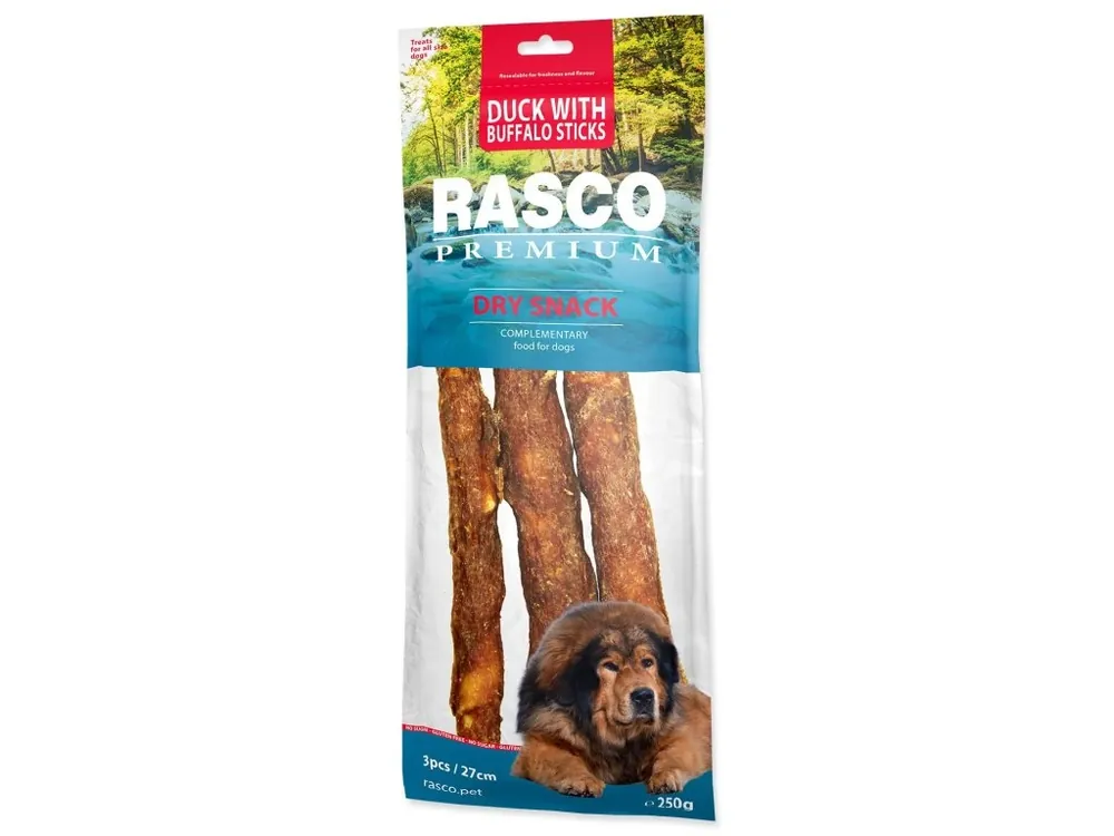 Vysoce Kvalitní Pochoutka Rasco Premium buvolí kůže obalená kachním, tyčinky (3x250 g)