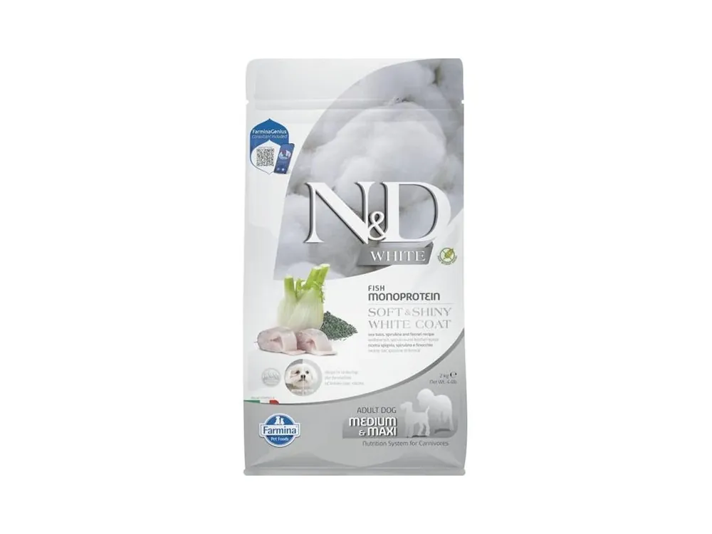 Cenově Výhodný N&D WHITE Dog GF Sea Bass, Spirulina & Fennel Adult Medium & Maxi 2 kg