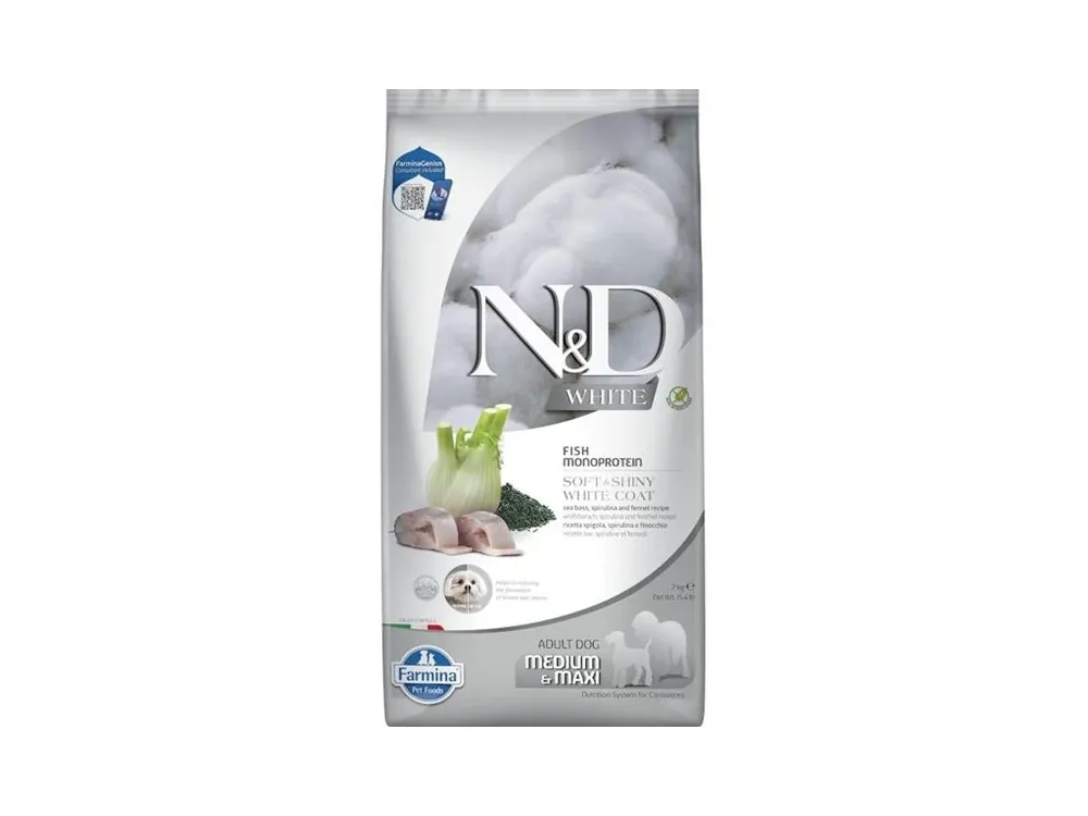 N&D WHITE Dog GF Sea Bass, Spirulina & Fennel Adult Medium & Maxi 7 kg Top Prodej