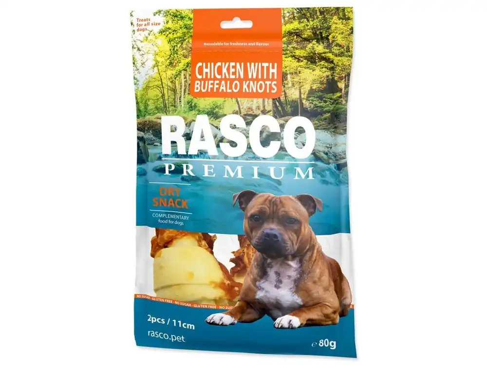 Akce Pochoutka Rasco Premium buvolí kůže obalená kuřecím, uzly 11 cm (80 g)