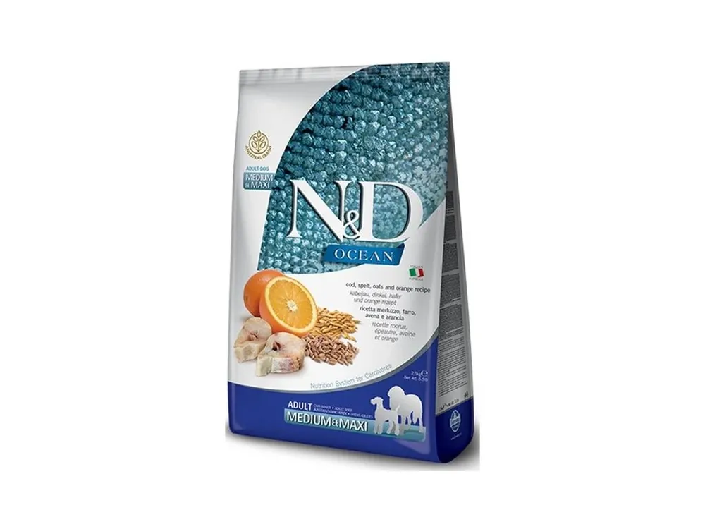 Akce N&D OCEAN Dog LG Cod, Spelt, Oats & Orange Adult Medium & Maxi 2,5 kg