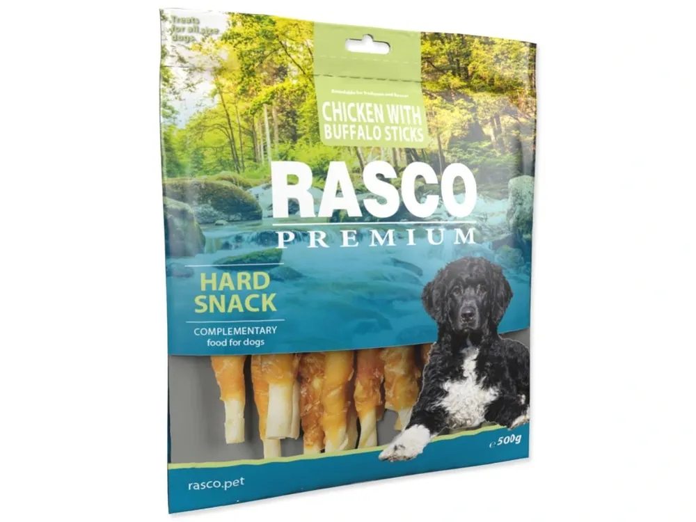 Pochoutka Rasco Premium buvolí kůže obalená kuřecím, tyčinky 500 g Speciální Cena