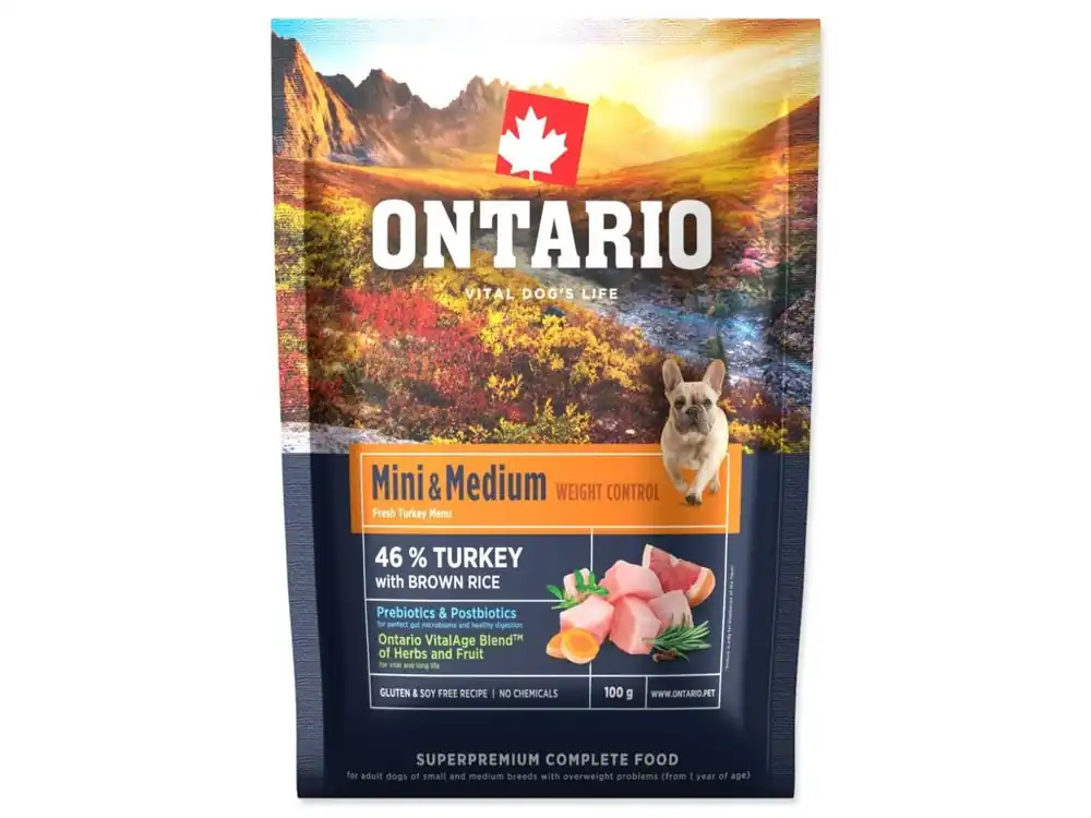 Cenově Výhodný Vzorek Ontario Mini & Medium Weight Control Turkey & Brown Rice 0,1 kg