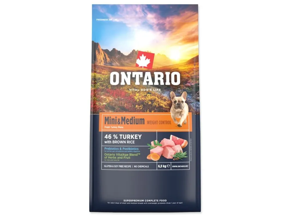 Krmivo Ontario Mini & Medium Weight Control Turkey & Brown Rice 6,5 kg Omezená Nabídka