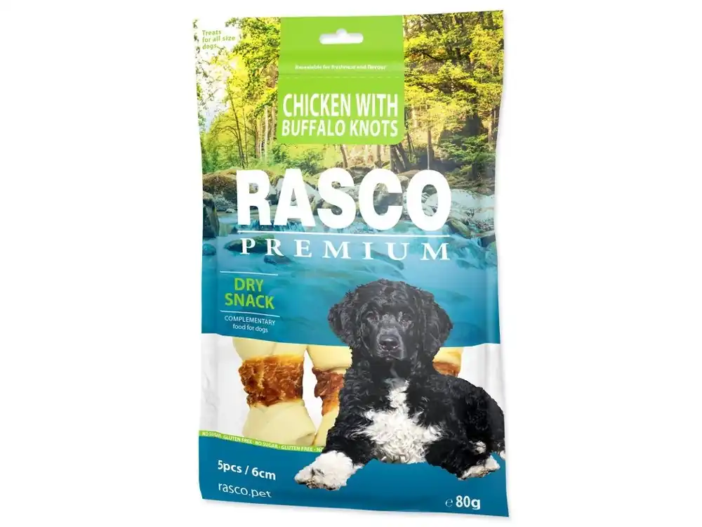 Pochoutka Rasco Premium buvolí kůže obalená kuřecím, uzly 6 cm (80 g) Hit Sezóny
