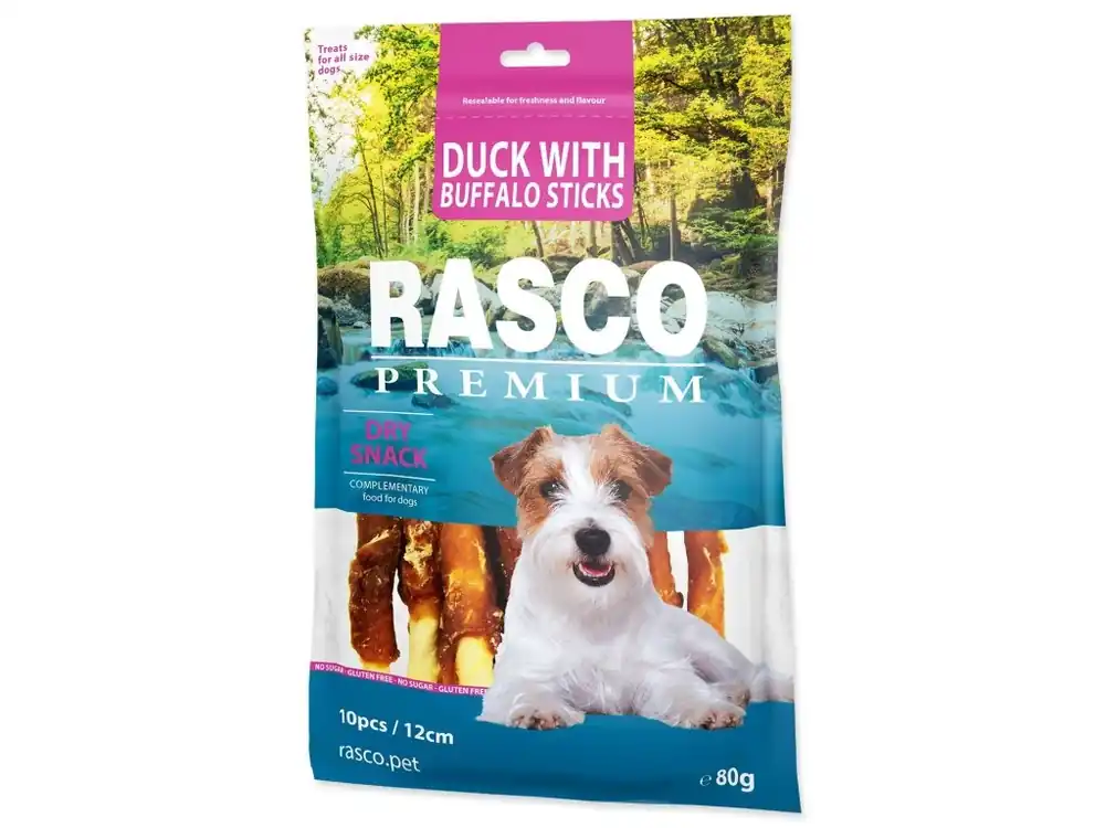 Pochoutka Rasco Premium buvolí kůže obalená kachním, tyčinky 80 g Ihned K Objednání