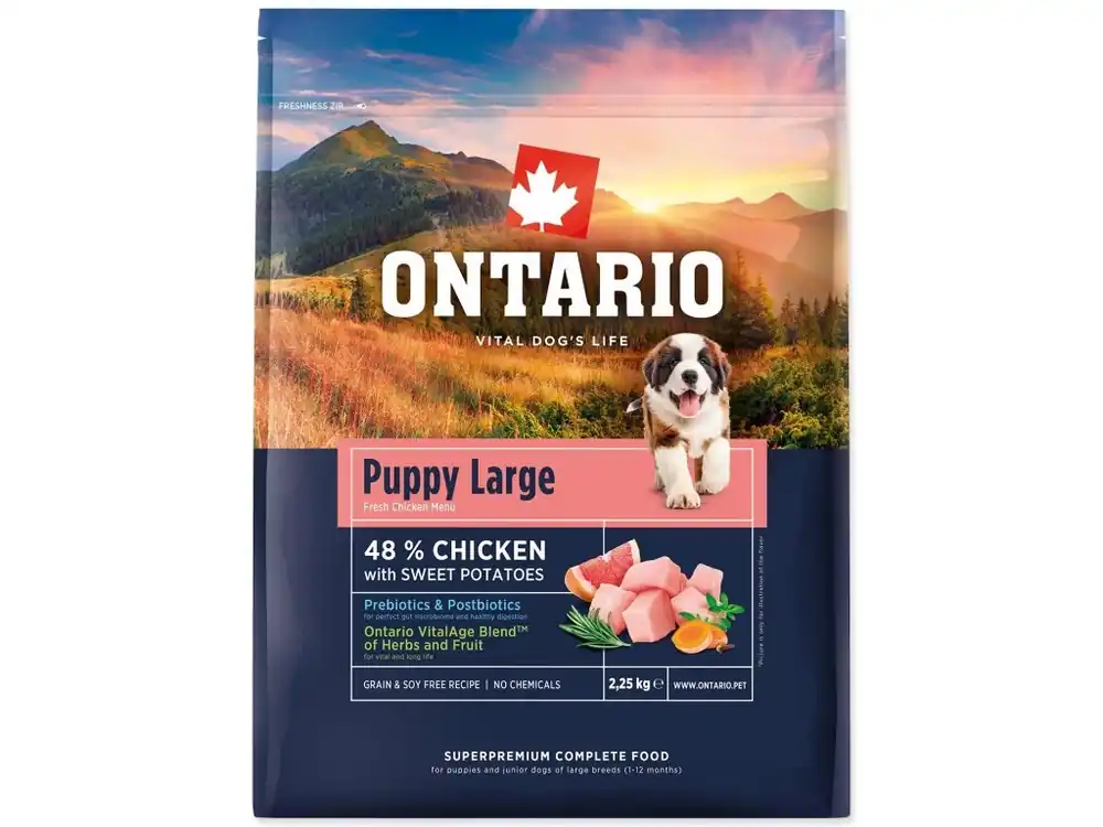 Krmivo Ontario Puppy & Junior Large Chicken & Sweet Potatoes 2,25 kg Poslední Šance