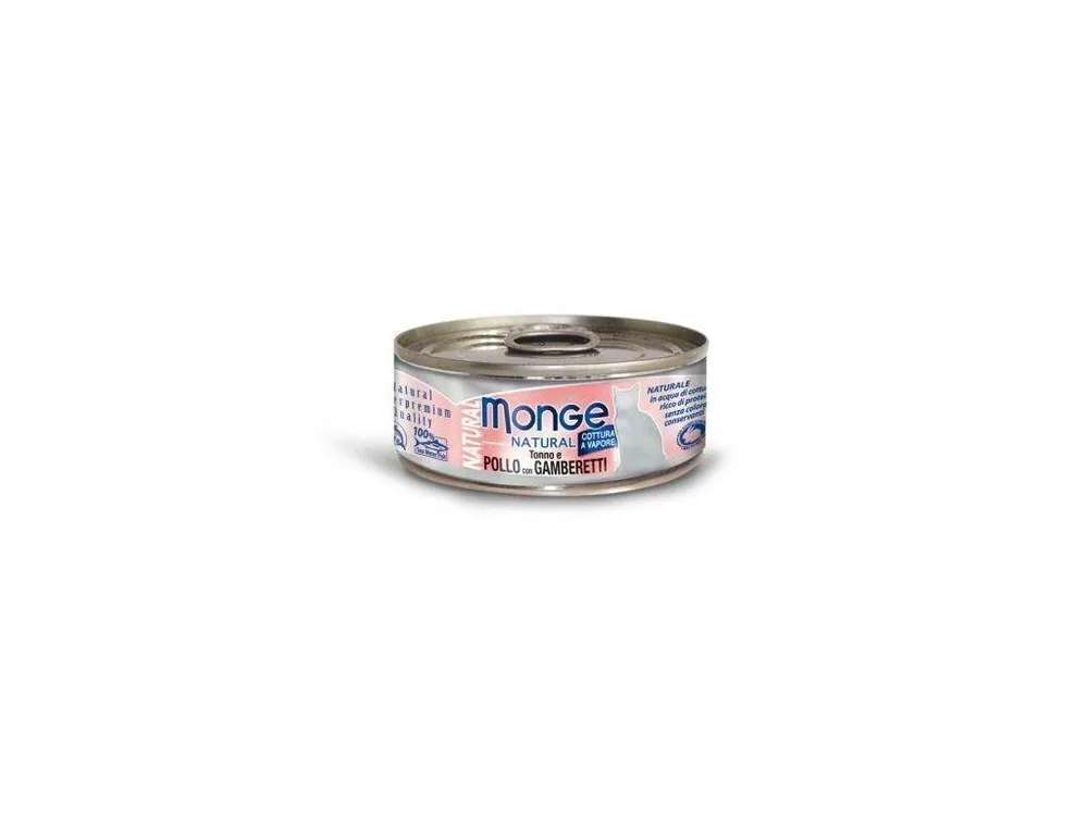Levný MONGE NATURAL tuňák s kousky kuřete a krevetami pro kočky 80 g