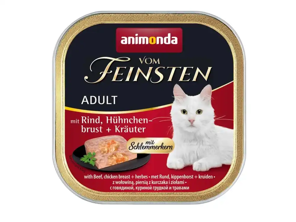 Značkový Vom Feinsten CORE hovězí, kuřecí prsa + bylinky pro kočky 100g