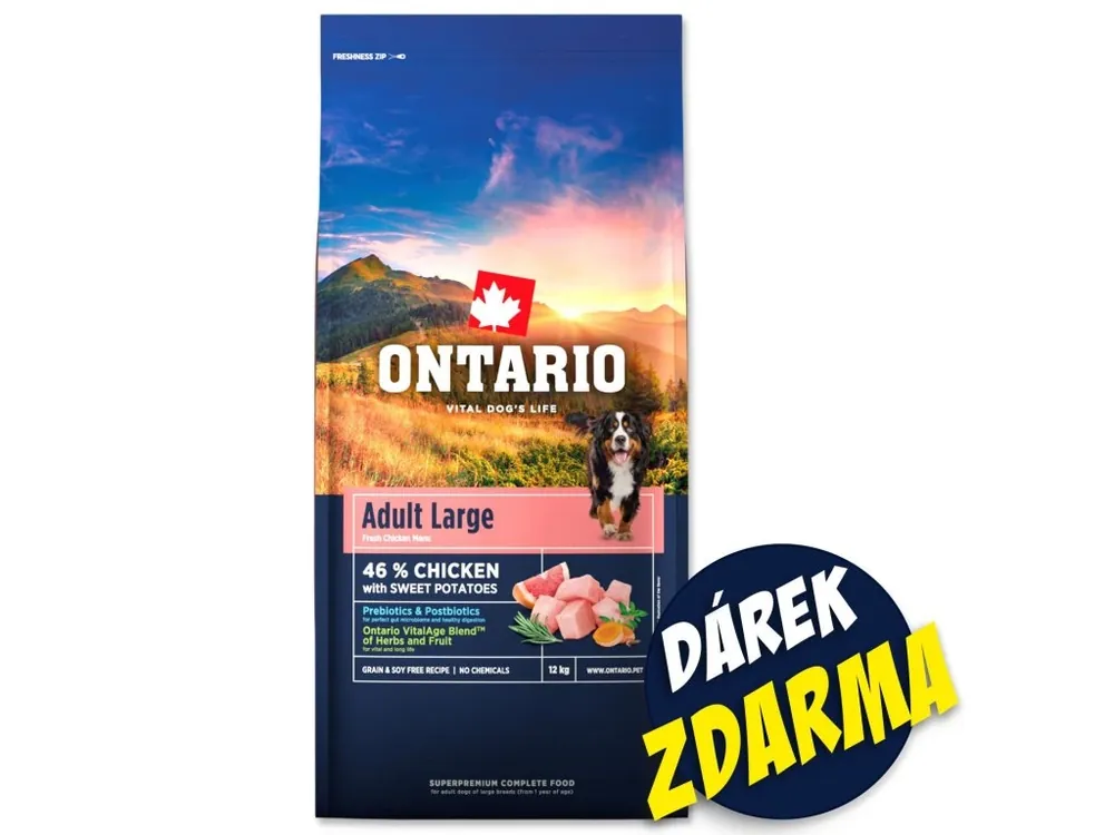 Krmivo Ontario Adult Large Chicken 12 kg + 3 konzervy 400 g ZDARMA Akční Cena