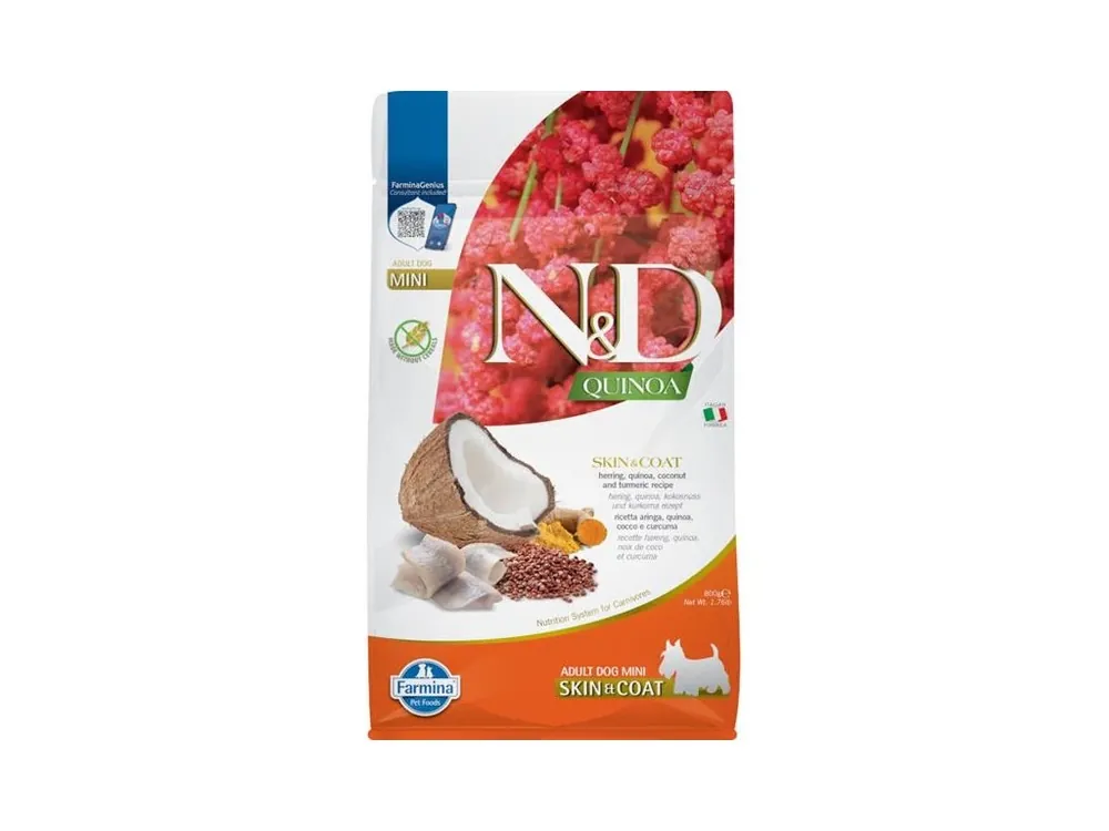 N&D QUINOA Dog GF Skin & Coat, Herring & Coconut Adult Mini 800 g Zlevněný
