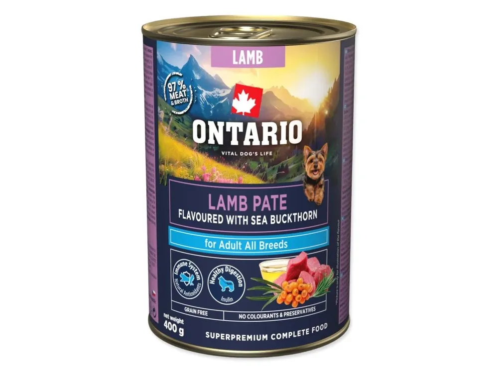 Nízká Cena Konzerva Ontario Adult jehněčí pate s příchutí rakytníku 400 g