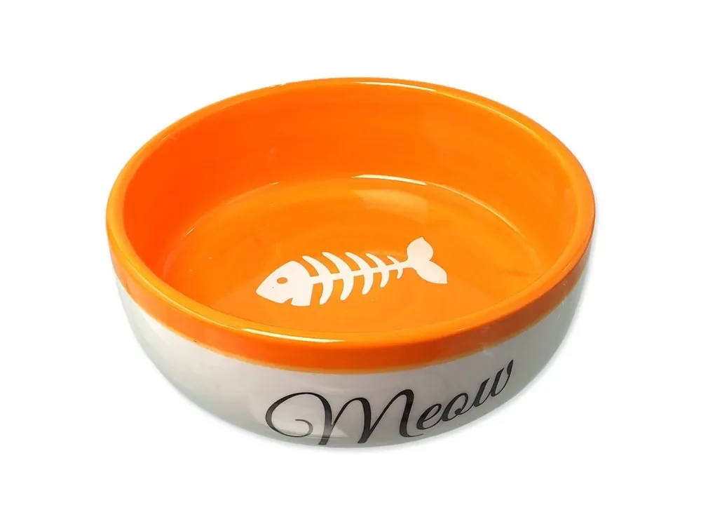 Miska Magic Cat keramická bílá/oranžová Meow 13,4x4cm, 170ml Sleva
