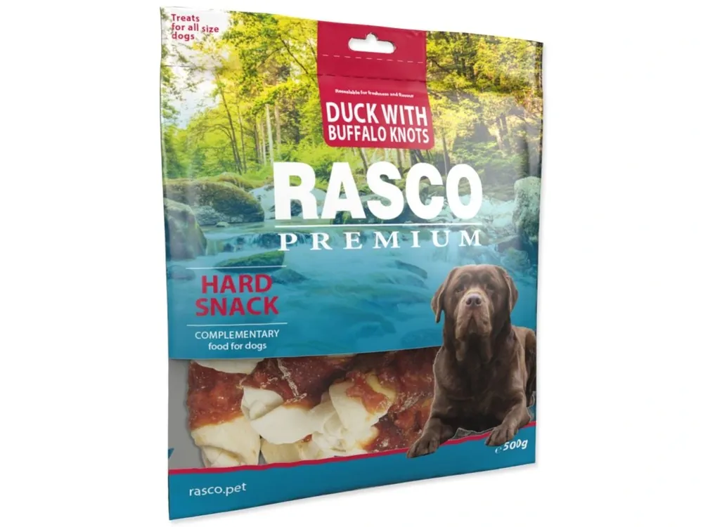 Nízká Cena Pochoutka Rasco Premium buvolí kůže s kachním, uzly (5 cm) 500 g