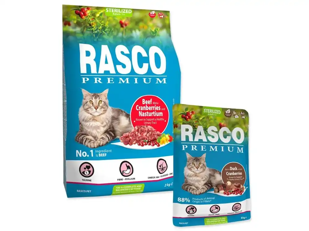 Poslední Šance Krmivo Rasco Premium Sterilized hovězí 2kg + 5 kapsiček ZDARMA