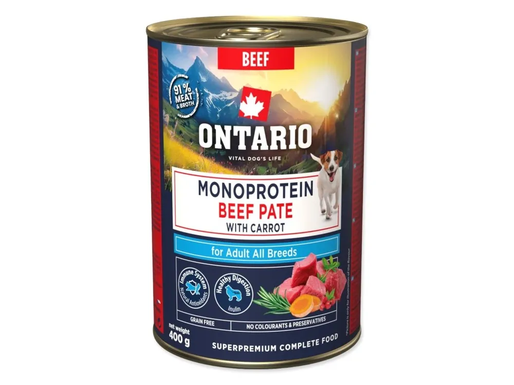 Akce Konzerva Ontario Adult monoprotein hovězí pate s mrkví 400g