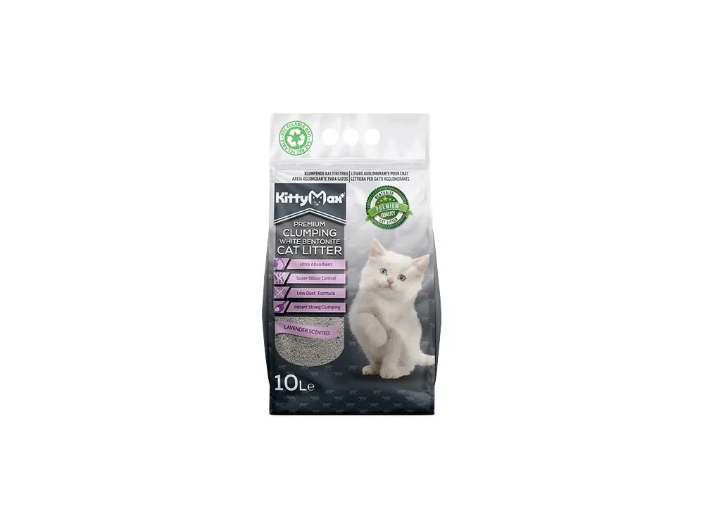 Nejlepší Volba KITTYMAX hrudkující, bezprašný bílý bentonit LAVENDER 10 l