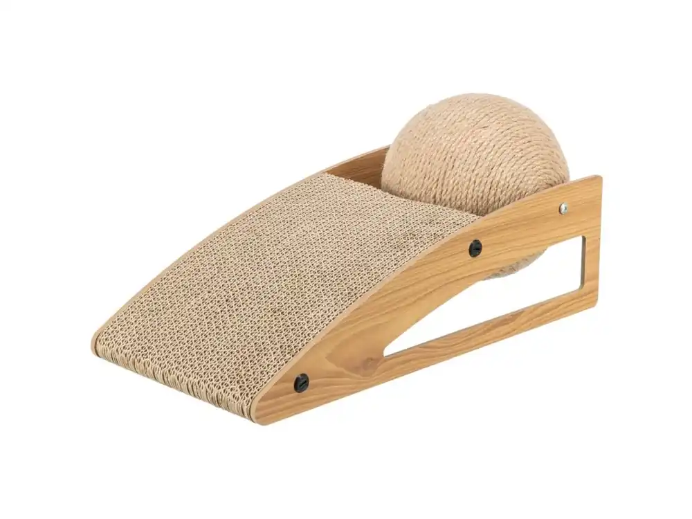 Zlevněný Škrabací rampa s míčem, 40 × 17 × 20 cm, dřevo/karton/sisal