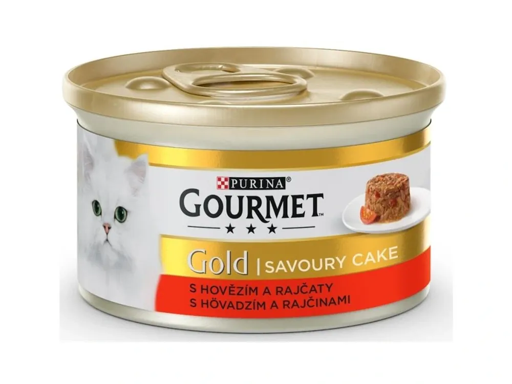 Nová Kolekce Gourmet Gold Cat konzerva Savoury Cake hovězí, rajče 85 g